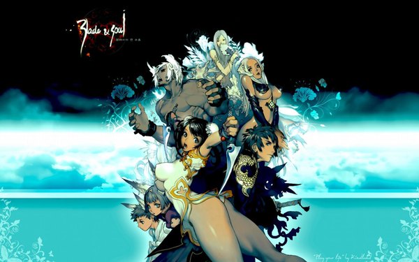 Anime picture 1680x1050 with blade & soul lyn (blade & soul) kun (blade & soul) gon (blade & soul) jin (blade & soul) long hair short hair breasts open mouth light erotic black hair wide image multiple girls animal ears inscription multiple boys wallpaper dark skin girl dress