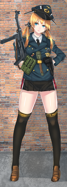 Anime picture 542x1500 with kantai collection prinz eugen (kantai collection) panzer single long hair tall image blush fringe blue eyes blonde hair smile standing twintails holding pleated skirt girl thighhighs skirt gloves uniform