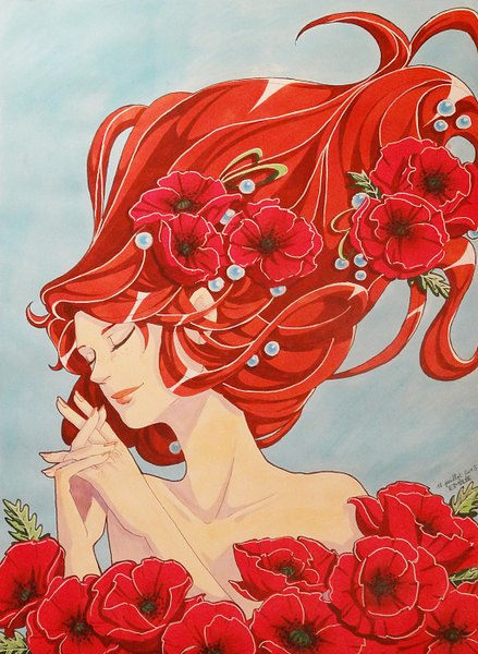 Anime picture 1024x1398 with original lyre-lightholder (artist) single long hair tall image simple background bare shoulders red hair eyes closed very long hair hair flower light smile nude lips grey background blue background girl hair ornament flower (flowers) beads