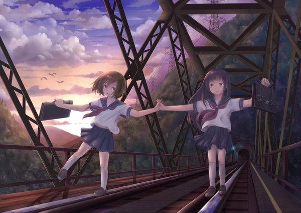 Anime picture 1684x1191 with original taka (tsmix) long hair short hair black hair brown hair multiple girls cloud (clouds) loli holding hands girl 2 girls animal serafuku bird (birds) school bag sailor suit railways