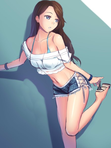 Anime picture 1800x2400 with original hyui cf2 single long hair tall image highres open mouth blue eyes light erotic brown hair bare shoulders looking away bare belly bare legs shadow high heels leaning legs girl navel