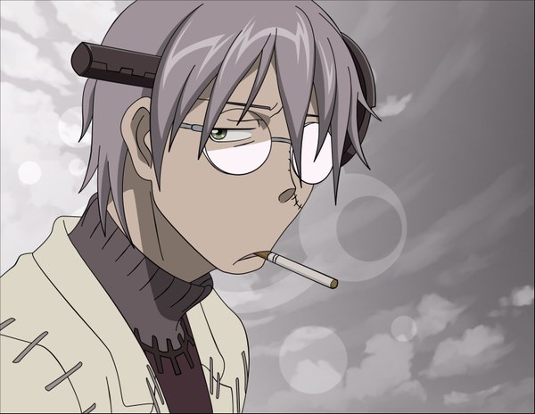 Anime picture 3113x2409 with soul eater studio bones franken stein morrow single looking at viewer highres short hair holding green eyes absurdres sky cloud (clouds) grey hair mouth hold portrait scar face vector smoking