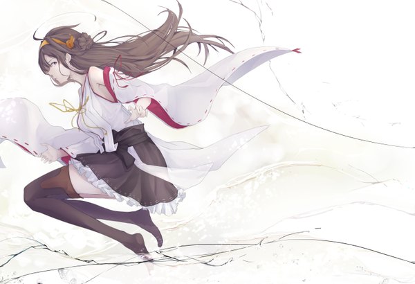 Anime picture 2894x1982 with kantai collection kongou battleship marumoru single long hair looking at viewer highres brown hair white background purple eyes full body ahoge profile jumping girl thighhighs hair ornament black thighhighs detached sleeves