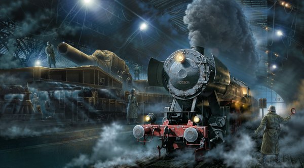 Anime picture 1280x709 with original 5838 (artist) wide image light steam hat helmet lamp train machinery train station