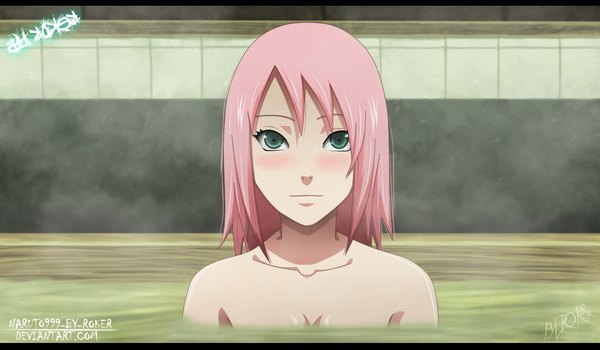 Anime picture 1366x797 with naruto studio pierrot naruto (series) haruno sakura naruto999-by-roker single long hair blush wide image bare shoulders green eyes pink hair light smile coloring girl onsen