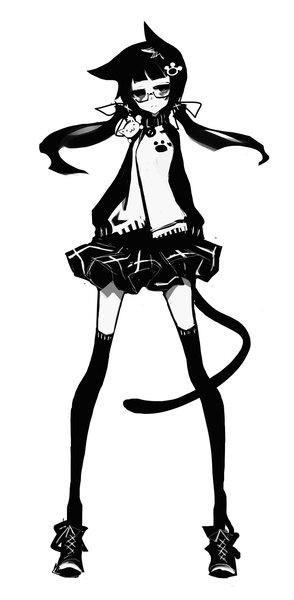 Anime picture 725x1479 with original kiku (kicdoc) single long hair tall image black hair simple background white background twintails animal ears tail animal tail black eyes cat ears cat tail low twintails monochrome :3 girl thighhighs