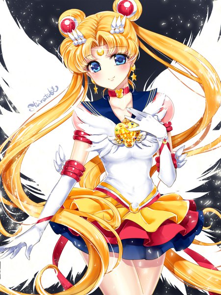 Anime picture 900x1200 with bishoujo senshi sailor moon toei animation tsukino usagi sailor moon eternal sailor moon shirataki kaiseki single tall image blush blue eyes blonde hair smile twintails signed very long hair head tilt sparkle hair bun (hair buns) hand on chest dark background