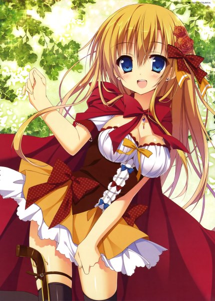 Anime picture 3952x5518 with matsumiya kiseri single long hair tall image looking at viewer blush highres breasts open mouth blue eyes blonde hair smile large breasts absurdres cleavage hair flower girl thighhighs dress hair ornament