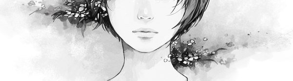 Anime picture 1457x407 with original tae (artist) single short hair simple background wide image lips monochrome close-up girl