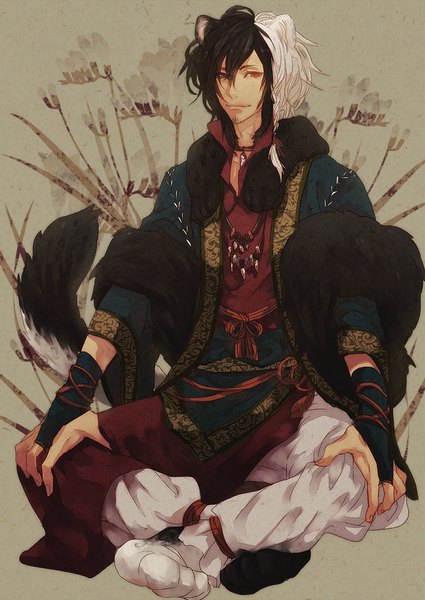 Anime picture 709x1000 with original pixiv genealogy of life niwa torico single long hair tall image looking at viewer black hair red eyes sitting animal ears white hair tail animal tail multicolored hair black eyes two-tone hair heterochromia hand on knee boy