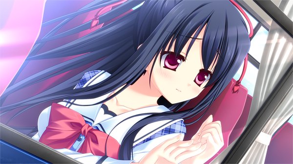 Anime picture 1024x576 with strawberry nauts yatsuka itsuki long hair black hair red eyes wide image game cg girl uniform school uniform