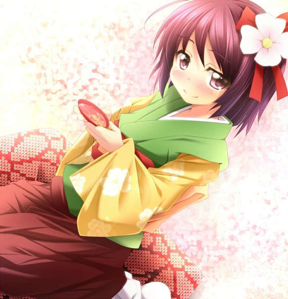 Anime picture 965x1000 with touhou hieda no akyuu sui. (ayase) single tall image sitting purple eyes purple hair traditional clothes japanese clothes hair flower drunk girl hair ornament flower (flowers) kimono alcohol sake sakazuki