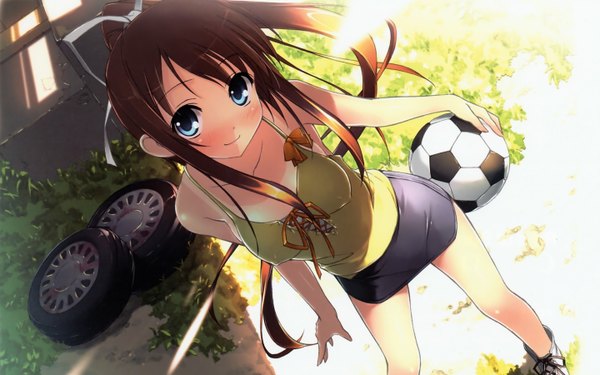 Anime picture 2880x1800 with natsu no ame miyazawa midori kantoku single long hair looking at viewer blush highres blue eyes brown hair wide image bare shoulders ponytail sunlight bare legs football girl skirt hair ornament shorts