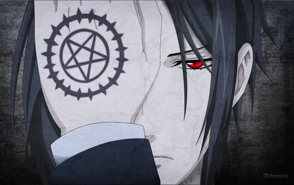 Anime picture 2500x1579 with kuroshitsuji a-1 pictures sebastian michaelis single looking at viewer highres short hair black hair red eyes demon butler pentagram boy