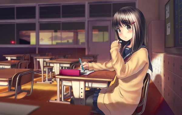 Anime picture 1692x1075 with original sarekoube single long hair looking at viewer blush black hair sitting brown eyes shadow girl uniform serafuku sweater desk