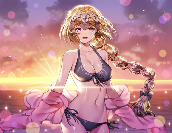 Anime picture 800x622 with fate (series) fate/apocrypha jeanne d'arc (fate) (all) jeanne d'arc (fate) ruhee single long hair looking at viewer fringe breasts open mouth light erotic blonde hair smile large breasts purple eyes bare shoulders cloud (clouds) braid (braids) wind
