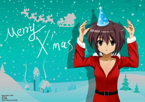 Anime picture 3507x2480 with suzumiya haruhi no yuutsu kyoto animation nagato yuki single highres short hair brown hair yellow eyes absurdres inscription snowing christmas winter snow merry christmas girl hat belt party hat