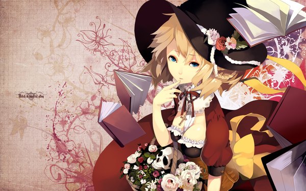 Anime picture 1920x1200 with original hiiragi ryou riku (wana) single highres short hair blue eyes blonde hair wide image cleavage collaboration girl dress flower (flowers) hat book (books) skull basket