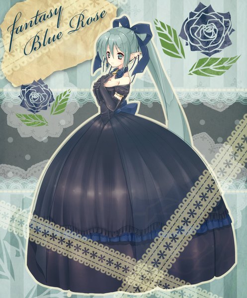 Anime picture 1160x1400 with kyrie (artist) long hair tall image green eyes ponytail green hair pointy ears girl dress gloves ribbon (ribbons) elbow gloves