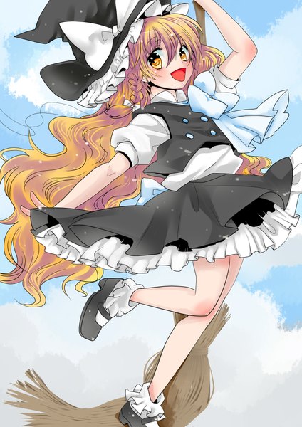 Anime picture 2893x4092 with touhou kirisame marisa nekodanukoko single long hair tall image looking at viewer blush highres open mouth blonde hair yellow eyes sky cloud (clouds) braid (braids) girl skirt hat witch hat skirt set