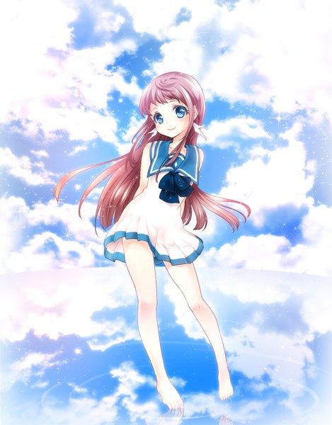 Anime picture 861x1100 with nagi no asukara p.a. works mukaido manaka jyuru single long hair tall image looking at viewer fringe blue eyes smile brown hair sky cloud (clouds) full body barefoot reflection hands behind back girl uniform