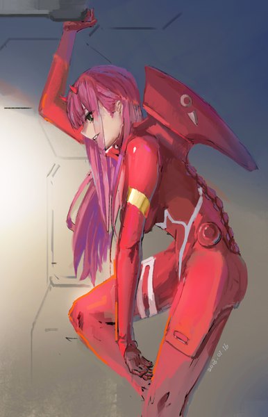 Anime picture 2256x3508 with darling in the franxx studio trigger zero two (darling in the franxx) kosunayume single long hair tall image fringe highres green eyes payot pink hair bent knee (knees) blunt bangs profile arm up horn (horns) dated looking down girl