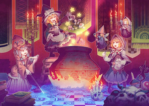 Anime picture 1200x858 with touhou kirisame marisa patchouli knowledge alice margatroid zounose long hair short hair open mouth blonde hair multiple girls blue hair grey eyes magic single braid checkered floor floor witch crescent girl dress