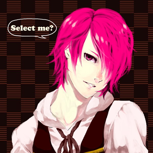 Anime picture 2000x2000 with pointfive(.5) mi-chan (pointfive) fringe highres short hair smile pink hair pink eyes hair over one eye brown background checkered background boy