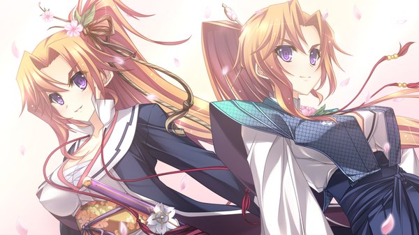Anime picture 1280x720 with appare! tenka gomen katagiri hinata long hair wide image purple eyes multiple girls game cg ponytail traditional clothes orange hair girl hair ornament weapon 2 girls sword