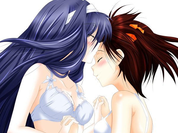 Anime picture 1024x768 with vividred operation isshiki akane futaba aoi (vividred operation) adosan long hair blush short hair light erotic simple background brown hair white background twintails multiple girls blue hair eyes closed underwear only holding hands kiss forehead kiss girl