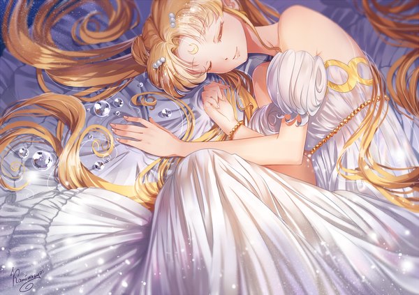 Anime picture 1000x706 with bishoujo senshi sailor moon toei animation tsukino usagi princess serenity kaminary single blonde hair twintails bare shoulders lying eyes closed very long hair light smile girl dress hair ornament