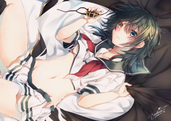 Anime picture 1208x859 with kantai collection kiso light cruiser yuihira asu (sorairo as) single looking at viewer blush fringe short hair light erotic hair between eyes signed lying green hair no bra heterochromia groin dated remodel (kantai collection) open skirt girl