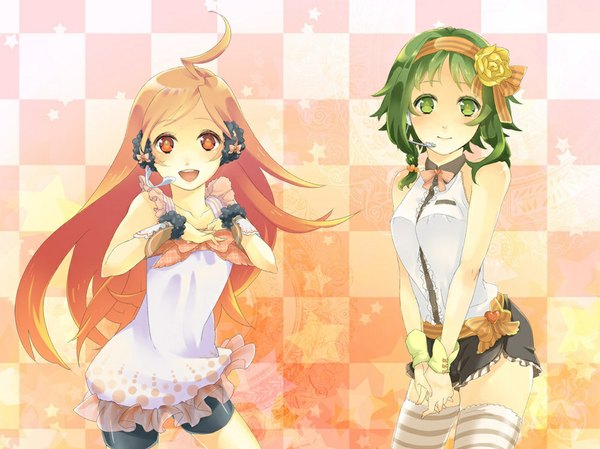 Anime picture 1024x767 with vocaloid gumi miki (vocaloid) long hair short hair smile red eyes multiple girls green eyes ahoge green hair orange hair sleeveless checkered checkered background girl thighhighs 2 girls shorts hairband