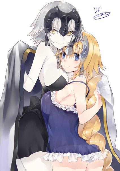 Anime picture 1000x1414 with fate (series) fate/grand order fate/apocrypha jeanne d'arc (fate) (all) jeanne d'arc alter (fate) jeanne d'arc (fate) kou mashiro long hair tall image looking at viewer blush short hair breasts blue eyes light erotic simple background blonde hair smile large breasts white background