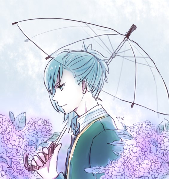 Anime picture 800x850 with uta no prince-sama a-1 pictures mikaze ai toko single tall image fringe short hair profile aqua eyes aqua hair looking down summer transparent umbrella boy flower (flowers) necktie umbrella hydrangea