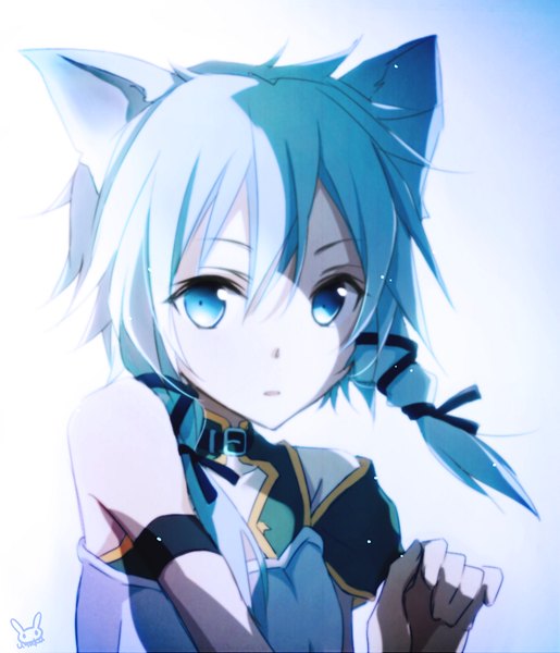 Anime picture 900x1048 with sword art online a-1 pictures asada shino tsukimori usako single long hair tall image blue eyes simple background white background bare shoulders signed animal ears blue hair looking away cat ears portrait girl ribbon (ribbons) hair ribbon