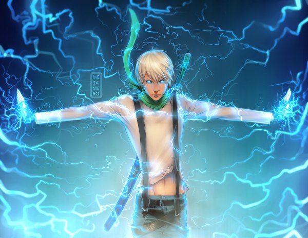 Anime picture 1200x928 with original mezamero single short hair white hair realistic glowing spread arms glowing eye (eyes) electricity boy gloves navel weapon sword scarf fingerless gloves katana pants suspenders