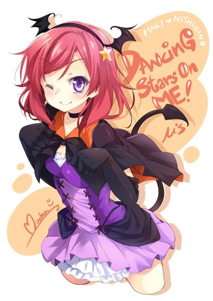 Anime picture 850x1202 with love live! school idol project sunrise (studio) love live! nishikino maki mocha (naturefour) single tall image looking at viewer blush short hair smile purple eyes signed red hair tail one eye closed wink halloween demon tail head wings