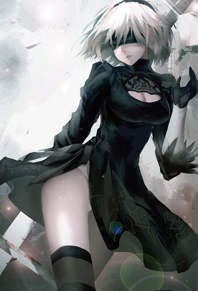 Anime picture 800x1171 with nier nier:automata yorha no. 2 type b zen33n single tall image fringe short hair breasts light erotic cleavage white hair mole lens flare mole under mouth arm behind back center opening blindfold covering eye (eyes) girl