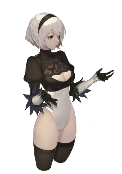 Anime picture 1240x1754 with nier nier:automata yorha no. 2 type b jam (nandade) single tall image fringe short hair breasts light erotic simple background white background green eyes looking away cleavage white hair hair over one eye spread arms girl thighhighs