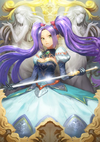 Anime picture 800x1132 with original meto31 single long hair tall image looking at viewer twintails green eyes purple hair puffy sleeves girl dress weapon sword scrunchie hair tie brooch statue