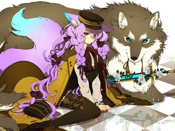 Anime picture 1000x750 with ni02 (asahi nini) single long hair looking at viewer blue eyes red eyes sitting animal ears purple hair tail braid (braids) nail polish animal tail checkered floor girl skirt flower (flowers) bow weapon animal