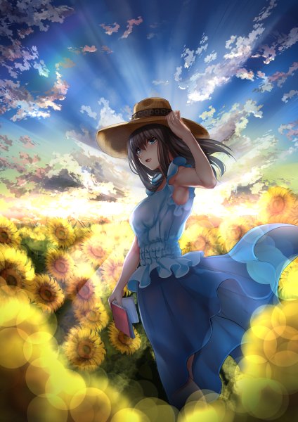 Anime picture 848x1200 with idolmaster idolmaster cinderella girls sagisawa fumika nohito single long hair tall image open mouth blue eyes black hair sky cloud (clouds) girl flower (flowers) hat book (books) sundress