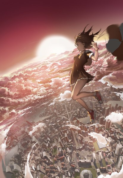 Anime picture 2855x4134 with original ylpylf single long hair tall image fringe highres breasts smile brown hair brown eyes sky cloud (clouds) full body bent knee (knees) profile arm up bare legs short sleeves city