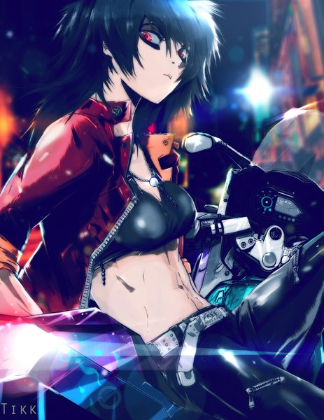 Anime picture 2550x3300 with original ibroid (artist) single long hair tall image looking at viewer highres black hair red eyes open clothes open jacket bare belly girl navel choker jacket belt motorcycle