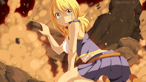 Anime picture 3840x2160 with fairy tail lucy heartfilia tongasart single long hair highres blonde hair wide image twintails yellow eyes absurdres pleated skirt looking back coloring short twintails smoke girl skirt stone (stones)