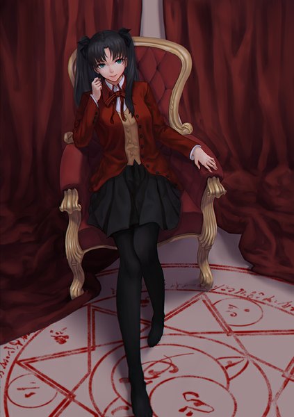 Anime picture 595x842 with fate (series) fate/stay night type-moon toosaka rin whitem (whiteemperor2020) single long hair tall image blue eyes black hair sitting girl skirt bow hair bow pantyhose black pantyhose armchair