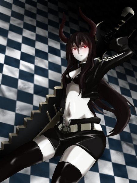 Anime picture 1000x1333 with black rock shooter black gold saw kashiyuki single long hair tall image breasts black hair smile red eyes cleavage horn (horns) open clothes open jacket midriff glowing looking up demon girl glowing eye (eyes) demon