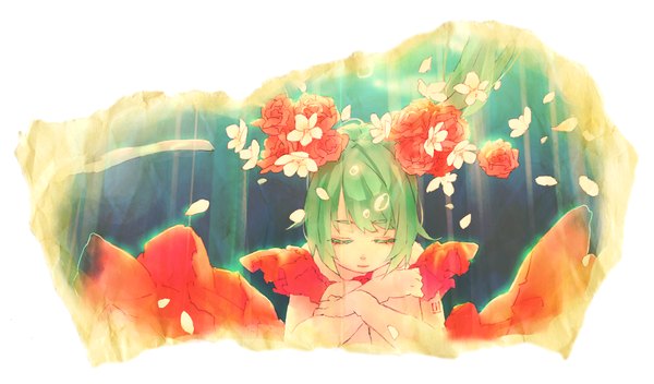 Anime picture 1221x717 with vocaloid hatsune miku pood1e single wide image sitting twintails eyes closed hair flower green hair tattoo leg hug girl dress hair ornament flower (flowers)