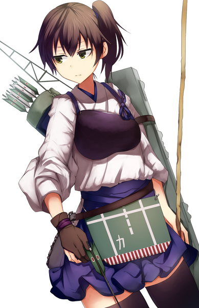 Anime picture 990x1525 with kantai collection kaga aircraft carrier ashiwara yuu single tall image short hair simple background brown hair white background yellow eyes looking away ponytail traditional clothes japanese clothes side ponytail girl thighhighs skirt weapon black thighhighs